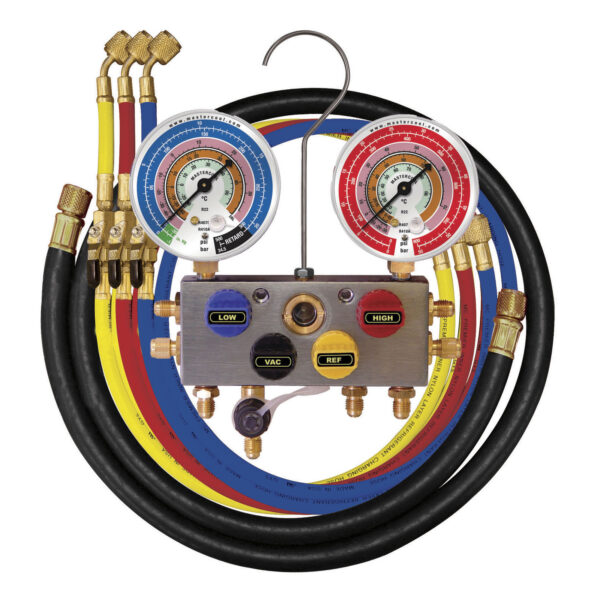 Mastercool – MC96261-MRB1 – 4-Way Aluminum Manifold Gauges with 3 x 150cm Hoses
