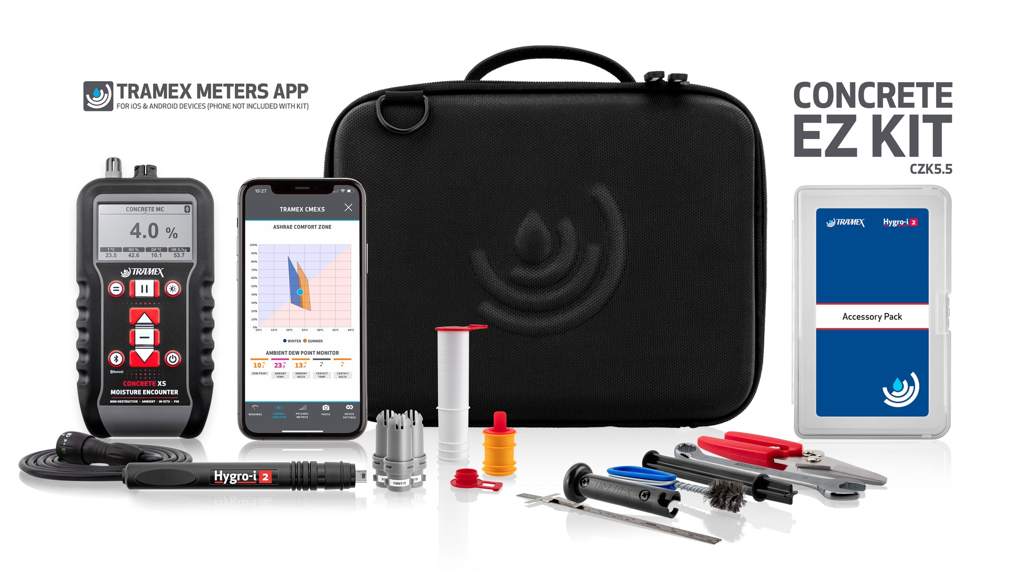 TRAMEX - CZK Concrete Inspection EZ Kit – Compact Concrete Moisture Testing Kit with Bluetooth App