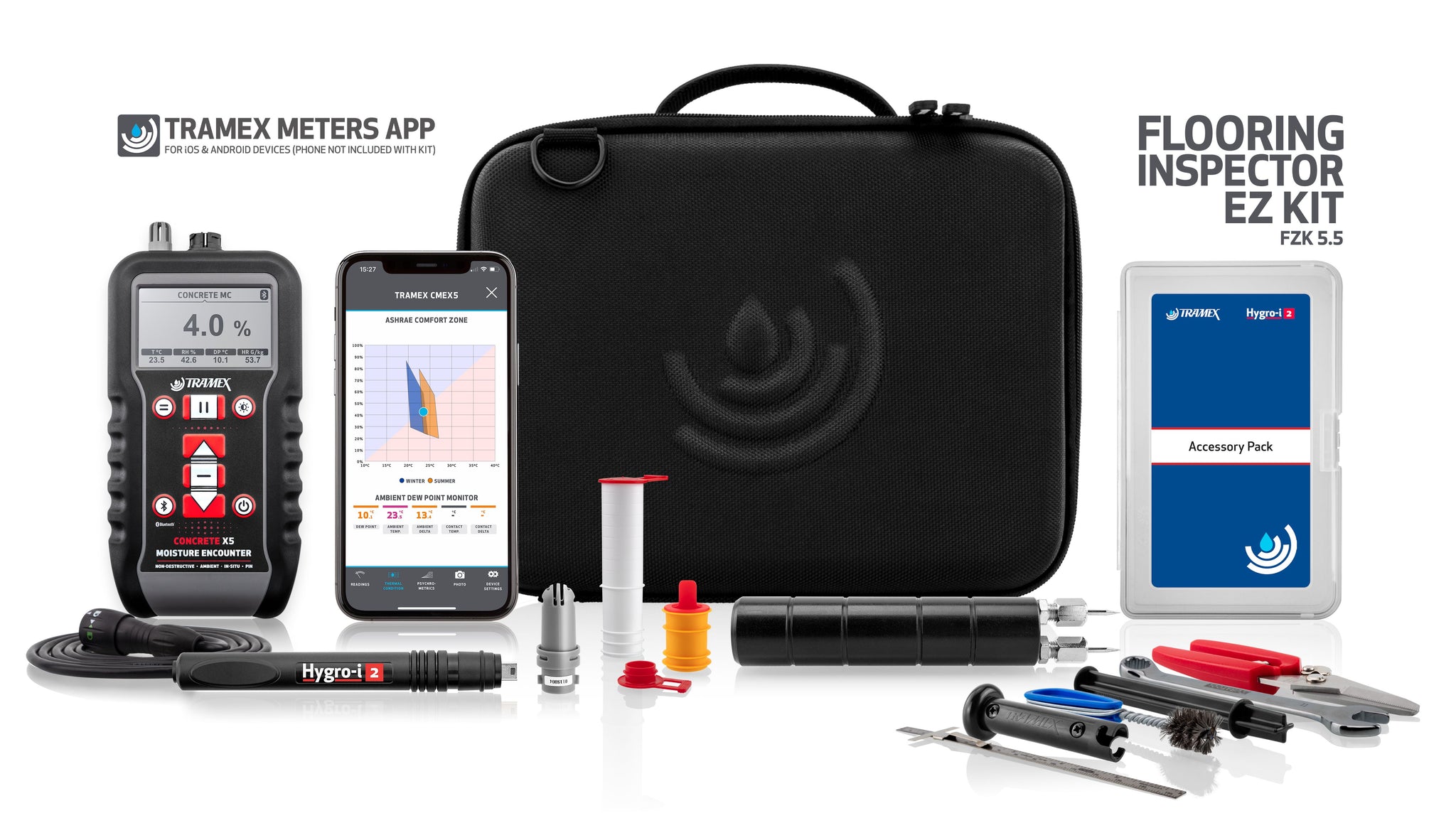 TRAMEX - FZK Flooring Inspection EZ Kit – Concrete & Wood Moisture Testing Kit with CMEX5 + Hygro-i2® Probe